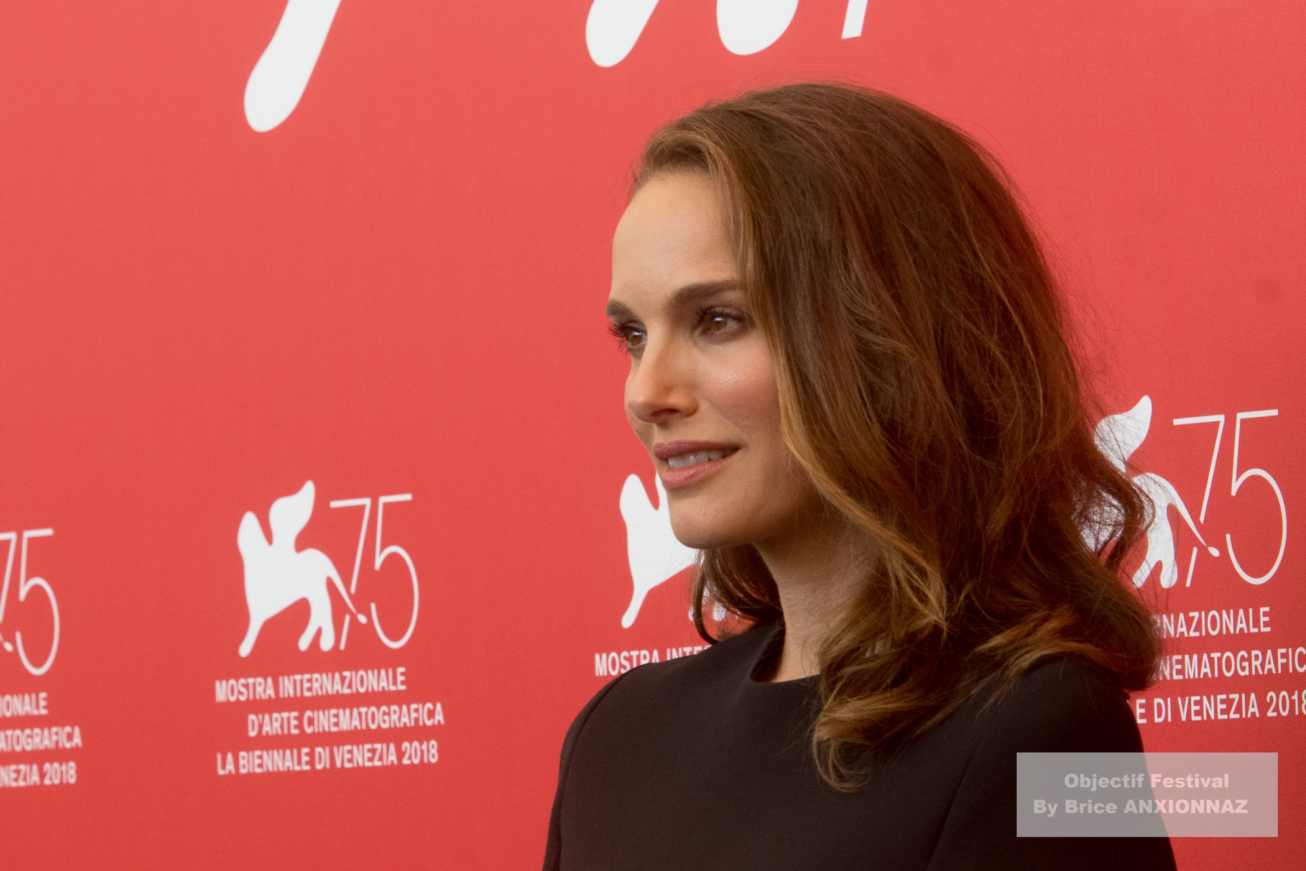 Vox Lux — Natalie Portman — Une personne se tient devant un fond rouge avec des logos blancs, portant une tenue noire, les cheveux ondulés, affichant une expression sereine dans une ambiance formelle.